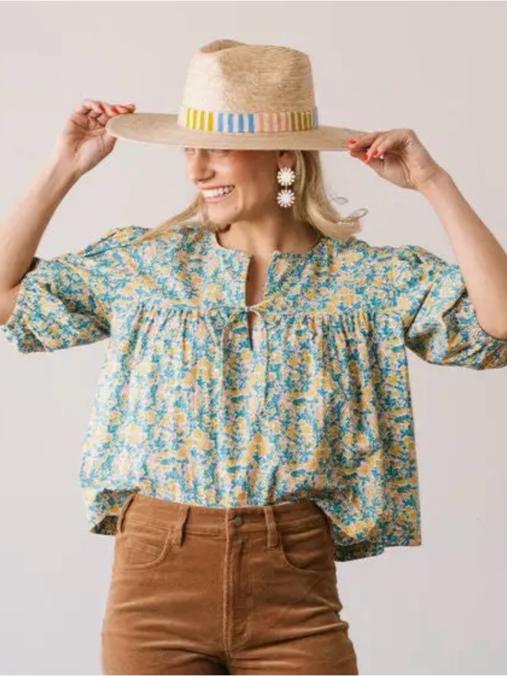Sunshine Tienda paradise floral Mira Relaxed blouse Peasant Top Yellow-Blue NWT